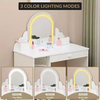 Kids Vanity with Lighted Mirror & Stool, Little Girls Vanity with Adjustable LED Light, Storage Drawer & Shelves for Girls 3-9