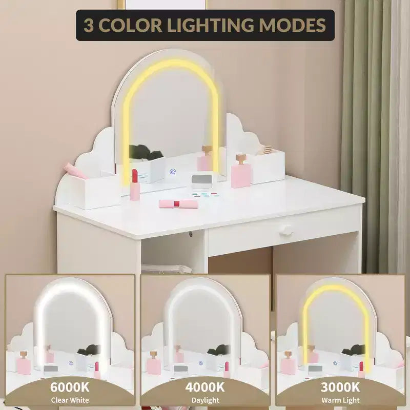 Kids Vanity with Lighted Mirror & Stool, Little Girls Vanity with Adjustable LED Light, Storage Drawer & Shelves for Girls 3-9