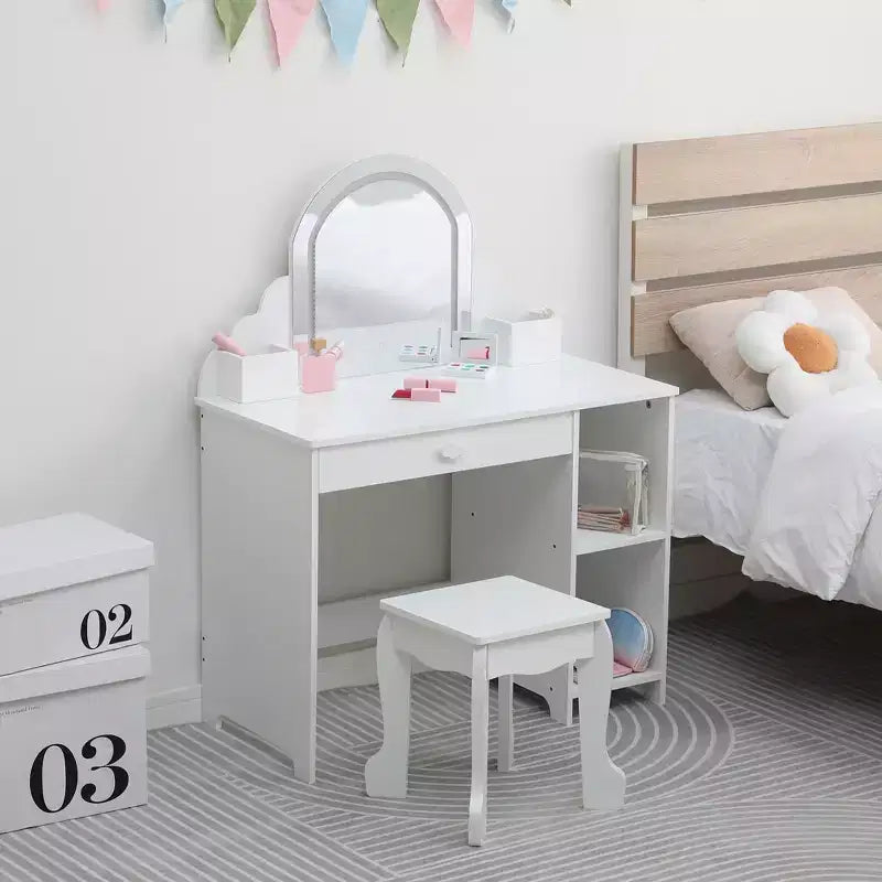 Kids Vanity with Lighted Mirror & Stool, Little Girls Vanity with Adjustable LED Light, Storage Drawer & Shelves for Girls 3-9