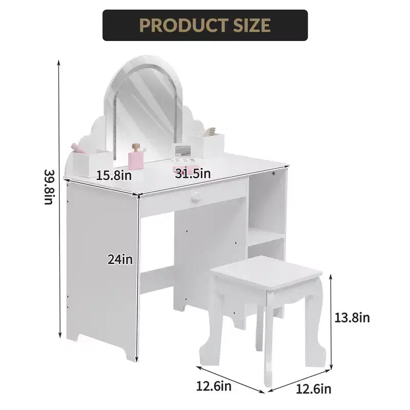 Kids Vanity with Lighted Mirror & Stool, Little Girls Vanity with Adjustable LED Light, Storage Drawer & Shelves for Girls 3-9