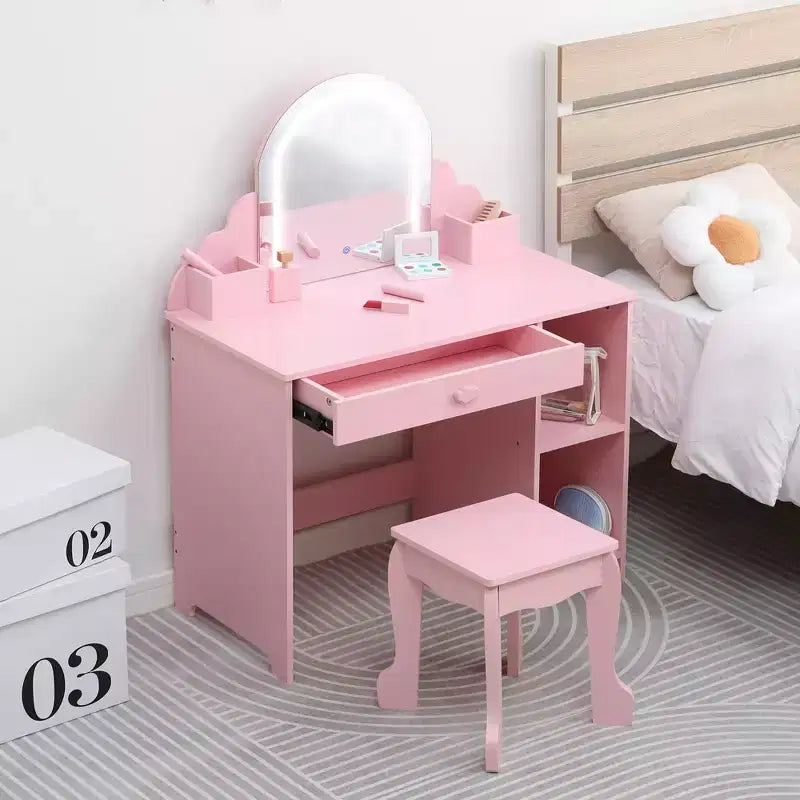 Kids Vanity with Lighted Mirror & Stool, Little Girls Vanity with Adjustable LED Light, Storage Drawer & Shelves for Girls 3-9