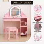 Kids Vanity with Lighted Mirror & Stool, Little Girls Vanity with Adjustable LED Light, Storage Drawer & Shelves for Girls 3-9