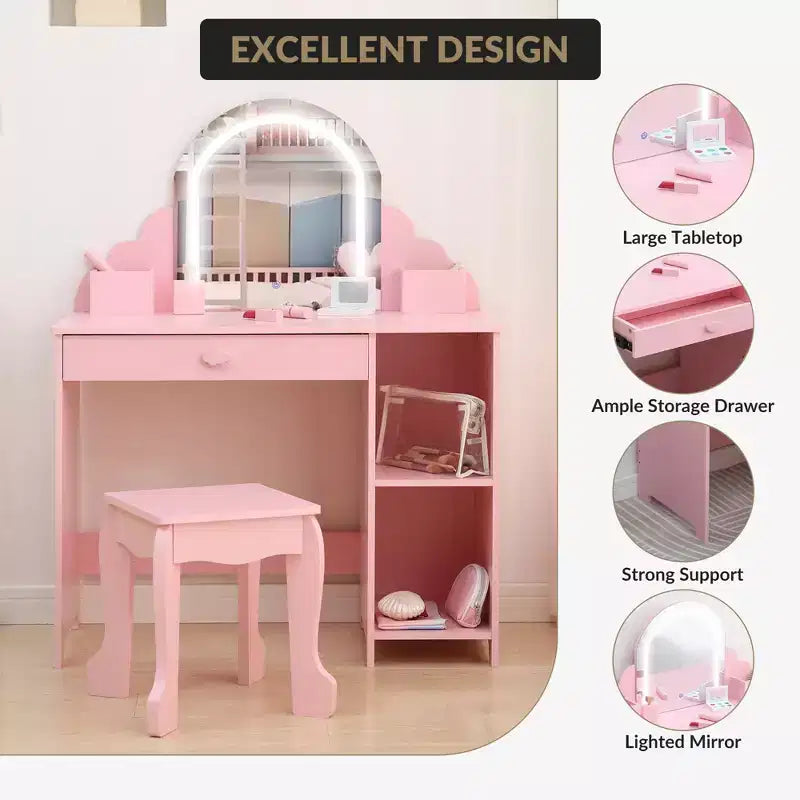 Kids Vanity with Lighted Mirror & Stool, Little Girls Vanity with Adjustable LED Light, Storage Drawer & Shelves for Girls 3-9