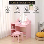 Kids Vanity with Lighted Mirror & Stool, Little Girls Vanity with Adjustable LED Light, Storage Drawer & Shelves for Girls 3-9