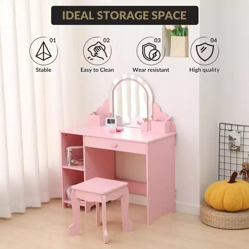 Kids Vanity with Lighted Mirror & Stool, Little Girls Vanity with Adjustable LED Light, Storage Drawer & Shelves for Girls 3-9