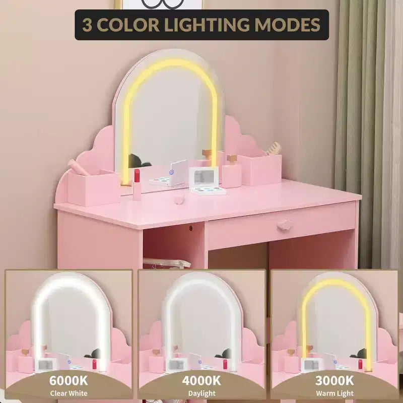 Kids Vanity with Lighted Mirror & Stool, Little Girls Vanity with Adjustable LED Light, Storage Drawer & Shelves for Girls 3-9