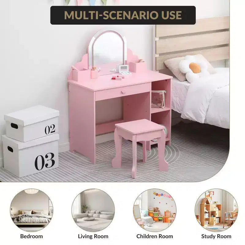 Kids Vanity with Lighted Mirror & Stool, Little Girls Vanity with Adjustable LED Light, Storage Drawer & Shelves for Girls 3-9