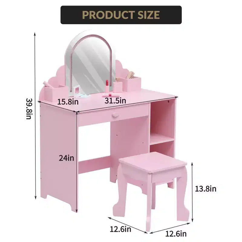 Kids Vanity with Lighted Mirror & Stool, Little Girls Vanity with Adjustable LED Light, Storage Drawer & Shelves for Girls 3-9