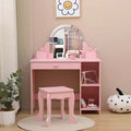 Kids Vanity with Lighted Mirror & Stool, Little Girls Vanity with Adjustable LED Light, Storage Drawer & Shelves for Girls 3-9