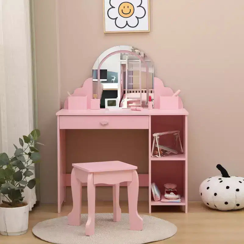 Kids Vanity with Lighted Mirror & Stool, Little Girls Vanity with Adjustable LED Light, Storage Drawer & Shelves for Girls 3-9