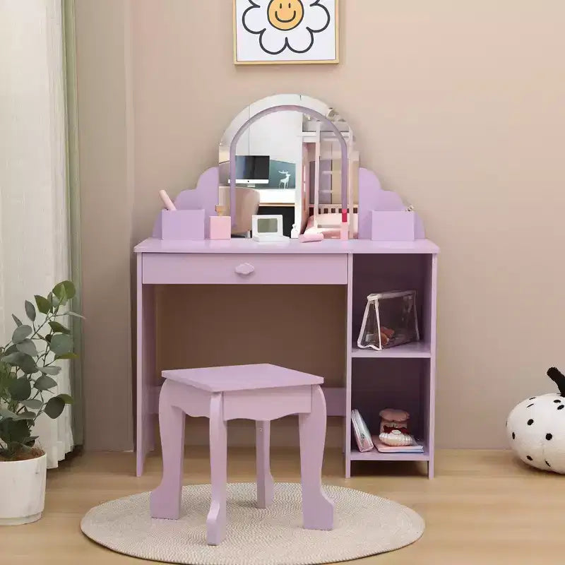 Kids Vanity with Lighted Mirror & Stool, Little Girls Vanity with Adjustable LED Light, Storage Drawer & Shelves for Girls 3-9