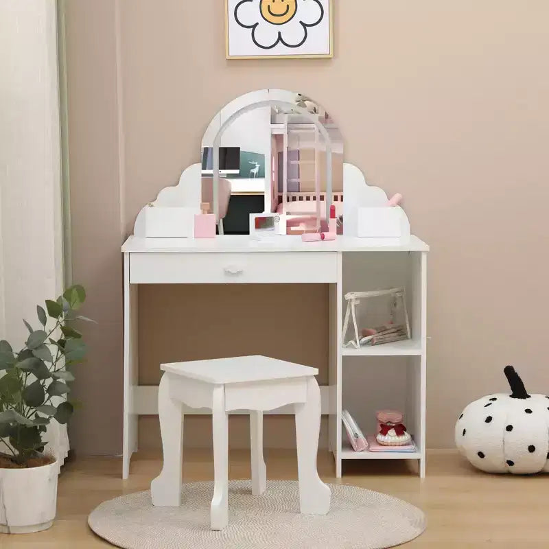 Kids Vanity with Lighted Mirror & Stool, Little Girls Vanity with Adjustable LED Light, Storage Drawer & Shelves for Girls 3-9