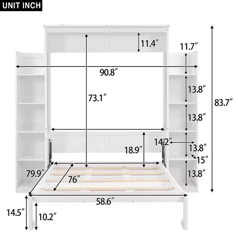 Murphy Bed with Storage Shelves and LED Lights, Foldable Wall Bed Murphy Bed Cabinet for Guest Room