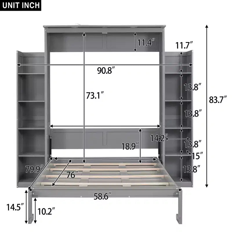 Murphy Bed with Storage Shelves and LED Lights, Foldable Wall Bed Murphy Bed Cabinet for Guest Room