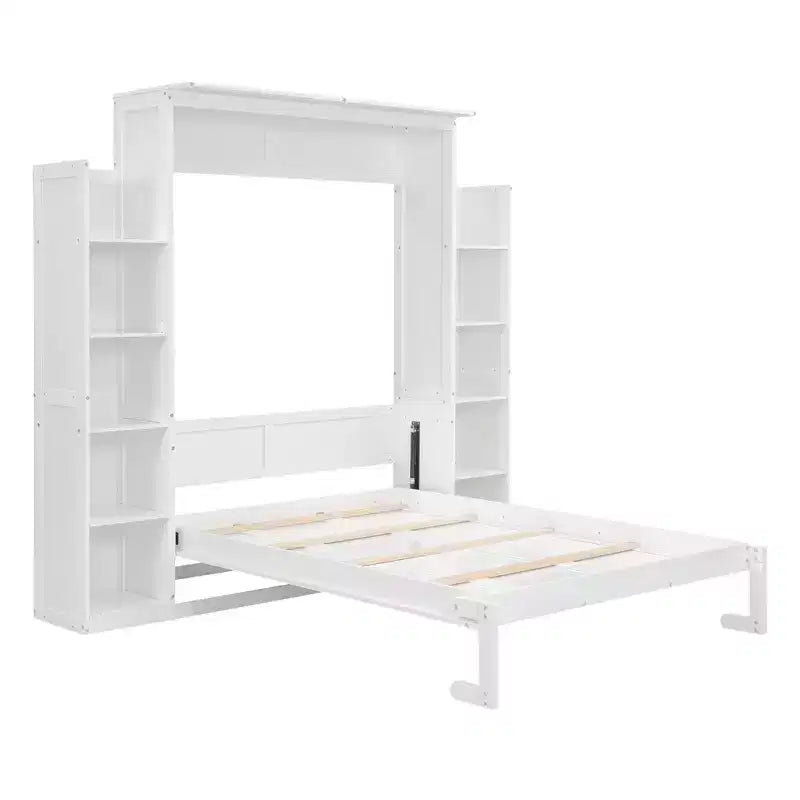 Murphy Bed with Storage Shelves and LED Lights, Foldable Wall Bed Murphy Bed Cabinet for Guest Room