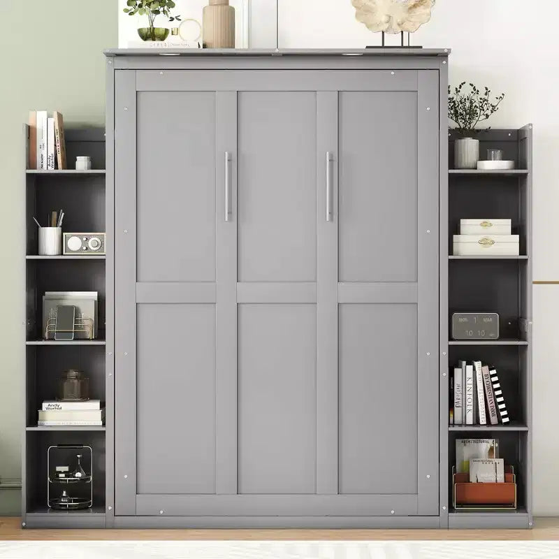 Murphy Bed with Storage Shelves and LED Lights, Foldable Wall Bed Murphy Bed Cabinet for Guest Room