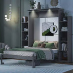 Murphy Bed with Storage Shelves and LED Lights, Foldable Wall Bed Murphy Bed Cabinet for Guest Room