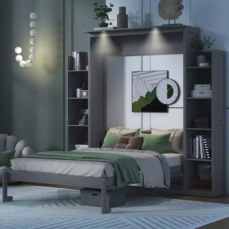 Murphy Bed with Storage Shelves and LED Lights, Foldable Wall Bed Murphy Bed Cabinet for Guest Room
