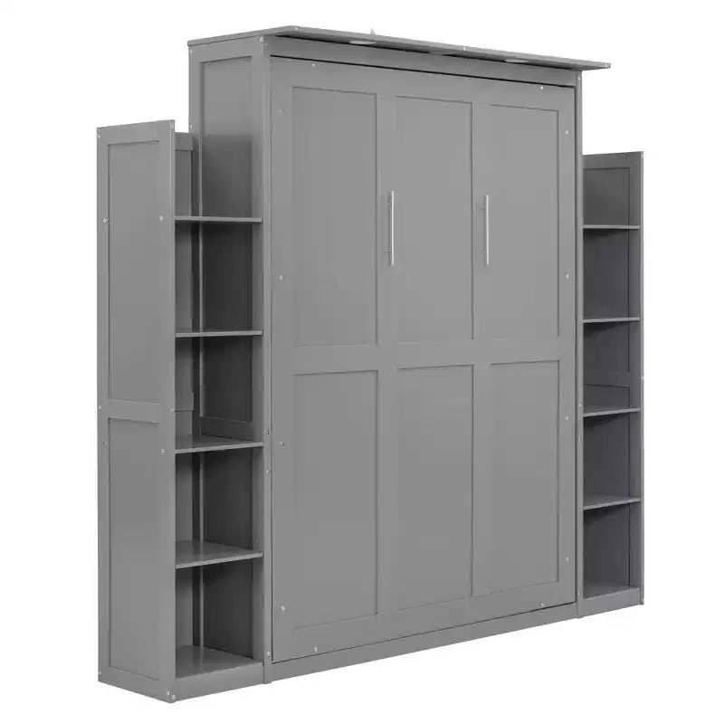 Murphy Bed with Storage Shelves and LED Lights, Foldable Wall Bed Murphy Bed Cabinet for Guest Room