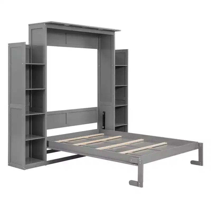 Murphy Bed with Storage Shelves and LED Lights, Foldable Wall Bed Murphy Bed Cabinet for Guest Room