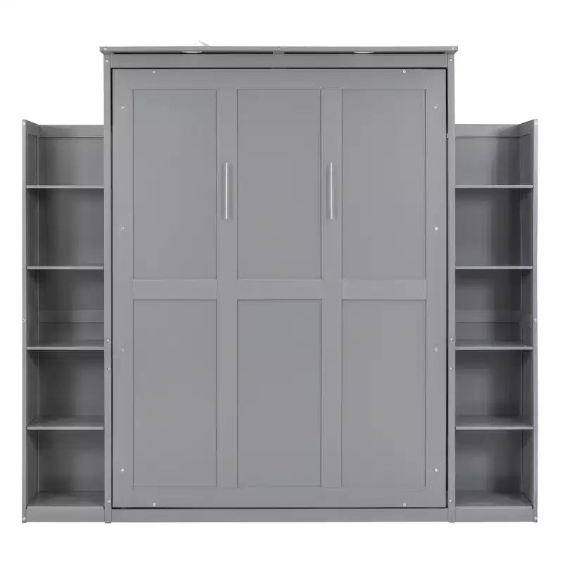 Murphy Bed with Storage Shelves and LED Lights, Foldable Wall Bed Murphy Bed Cabinet for Guest Room