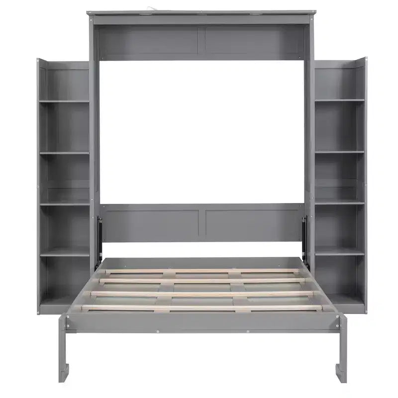 Murphy Bed with Storage Shelves and LED Lights, Foldable Wall Bed Murphy Bed Cabinet for Guest Room