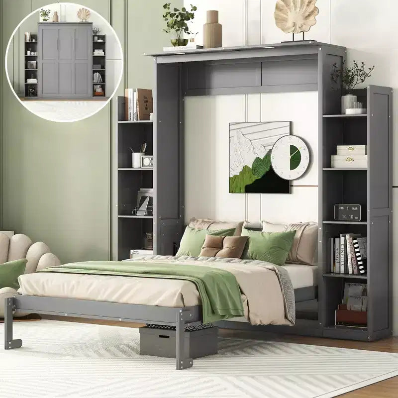 Murphy Bed with Storage Shelves and LED Lights, Foldable Wall Bed Murphy Bed Cabinet for Guest Room