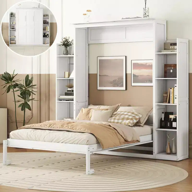 Murphy Bed with Storage Shelves and LED Lights, Foldable Wall Bed Murphy Bed Cabinet for Guest Room
