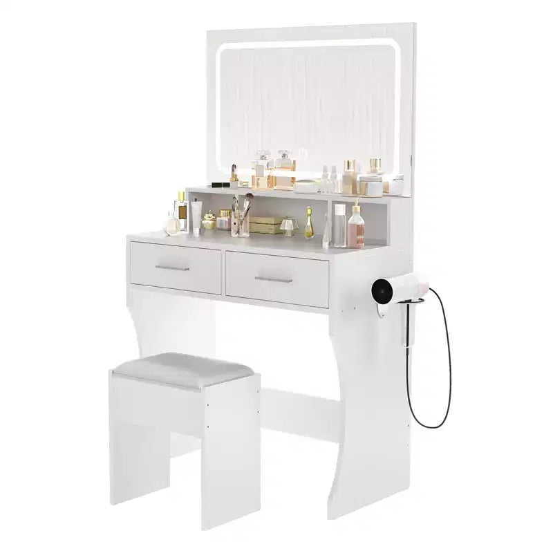 Vanity Desk Set with 31.5 Large LED Mirror and Lights, Makeup Vanity Table with 2 Drawers, Stool, Power Outlet, 3 Color Lighting Modes for Bedroom