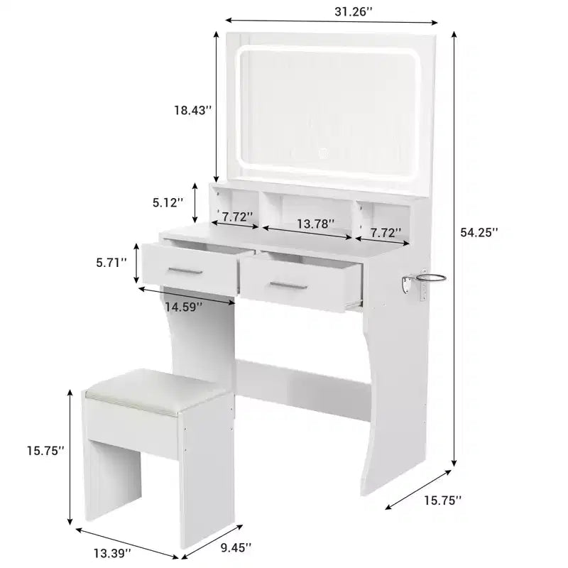 Vanity Desk Set with 31.5 Large LED Mirror and Lights, Makeup Vanity Table with 2 Drawers, Stool, Power Outlet, 3 Color Lighting Modes for Bedroom