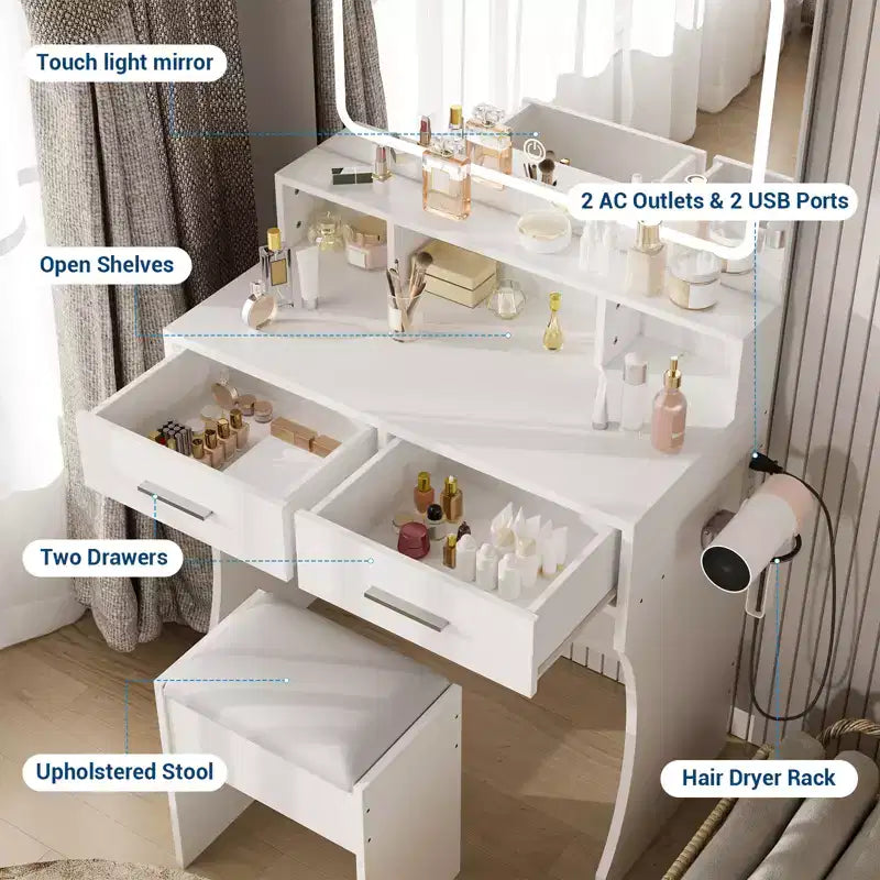 Vanity Desk Set with 31.5 Large LED Mirror and Lights, Makeup Vanity Table with 2 Drawers, Stool, Power Outlet, 3 Color Lighting Modes for Bedroom