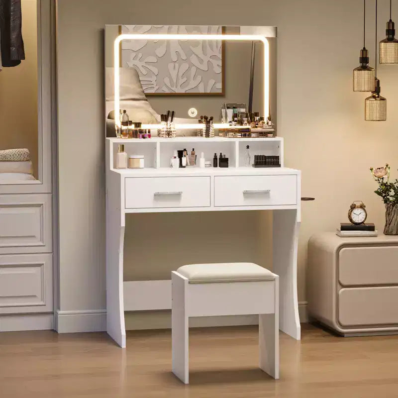Vanity Desk Set with 31.5 Large LED Mirror and Lights, Makeup Vanity Table with 2 Drawers, Stool, Power Outlet, 3 Color Lighting Modes for Bedroom
