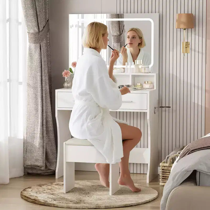 Vanity Desk Set with 31.5 Large LED Mirror and Lights, Makeup Vanity Table with 2 Drawers, Stool, Power Outlet, 3 Color Lighting Modes for Bedroom