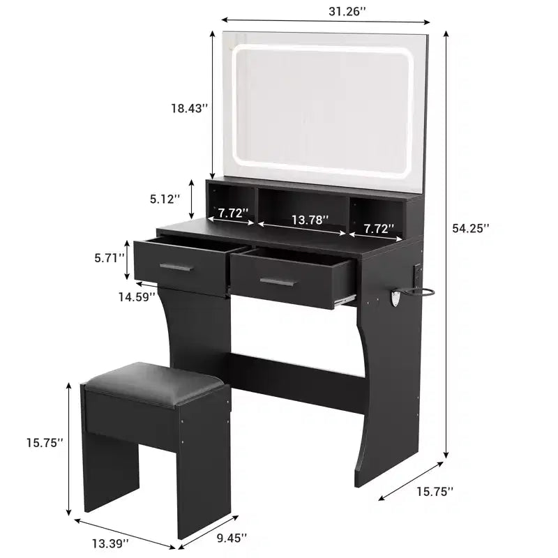 Vanity Desk Set with 31.5 Large LED Mirror and Lights, Makeup Vanity Table with 2 Drawers, Stool, Power Outlet, 3 Color Lighting Modes for Bedroom