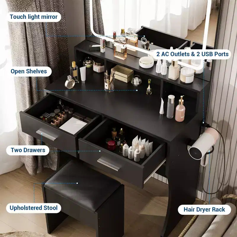 Vanity Desk Set with 31.5 Large LED Mirror and Lights, Makeup Vanity Table with 2 Drawers, Stool, Power Outlet, 3 Color Lighting Modes for Bedroom