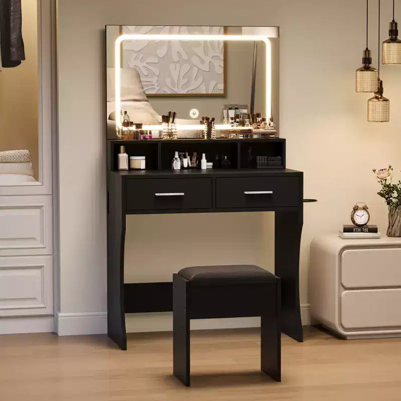 Vanity Desk Set with 31.5 Large LED Mirror and Lights, Makeup Vanity Table with 2 Drawers, Stool, Power Outlet, 3 Color Lighting Modes for Bedroom
