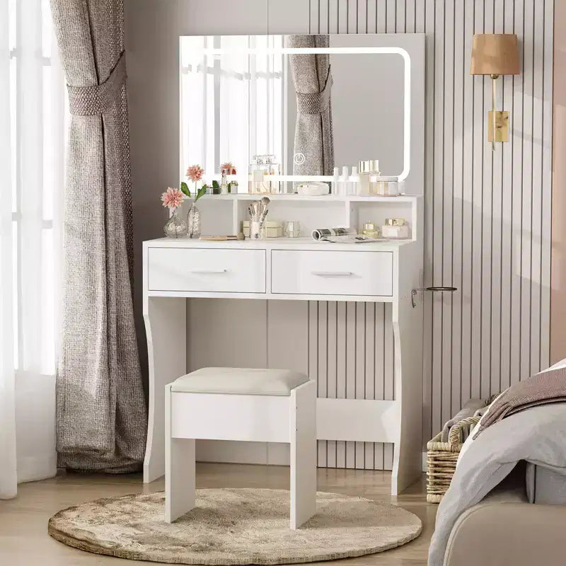 Vanity Desk Set with 31.5 Large LED Mirror and Lights, Makeup Vanity Table with 2 Drawers, Stool, Power Outlet, 3 Color Lighting Modes for Bedroom