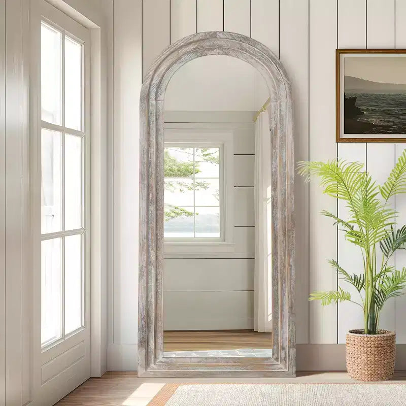 71x31 inch Solid Wood Stepped Right Angled Arch Weathered White Full-length Mirror (without Bracket)