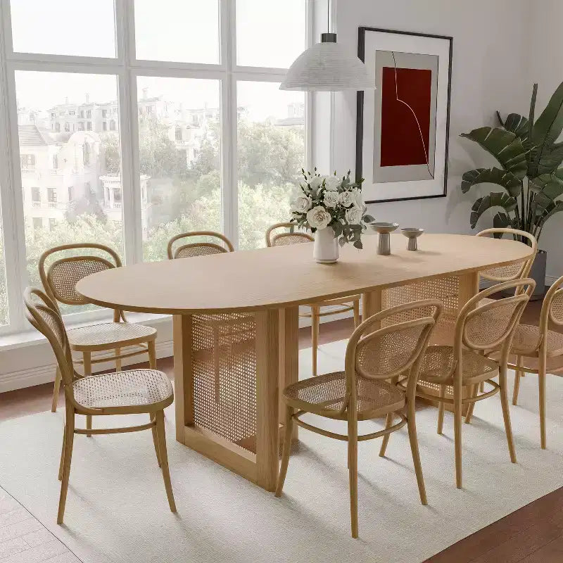 79 x 33.5 Farmhouse Oval Kitchen Dining Table with Rattan Woven Legs for Kitchen Bar Living Room