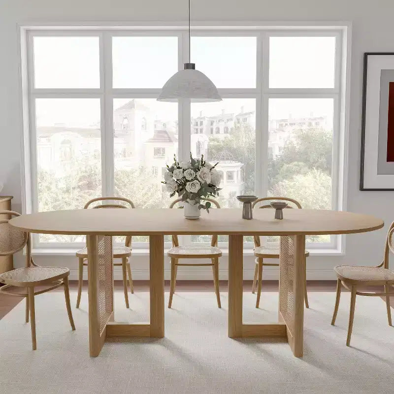 79 x 33.5 Farmhouse Oval Kitchen Dining Table with Rattan Woven Legs for Kitchen Bar Living Room