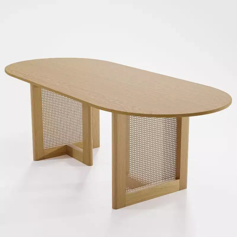 79 x 33.5 Farmhouse Oval Kitchen Dining Table with Rattan Woven Legs for Kitchen Bar Living Room