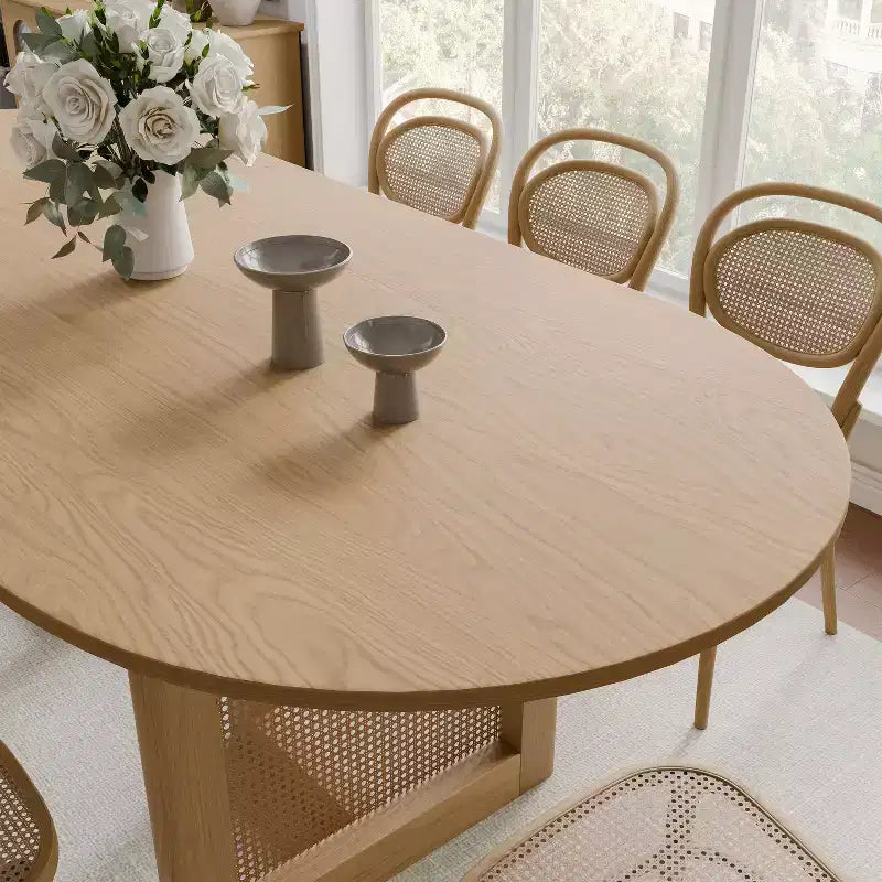 79 x 33.5 Farmhouse Oval Kitchen Dining Table with Rattan Woven Legs for Kitchen Bar Living Room