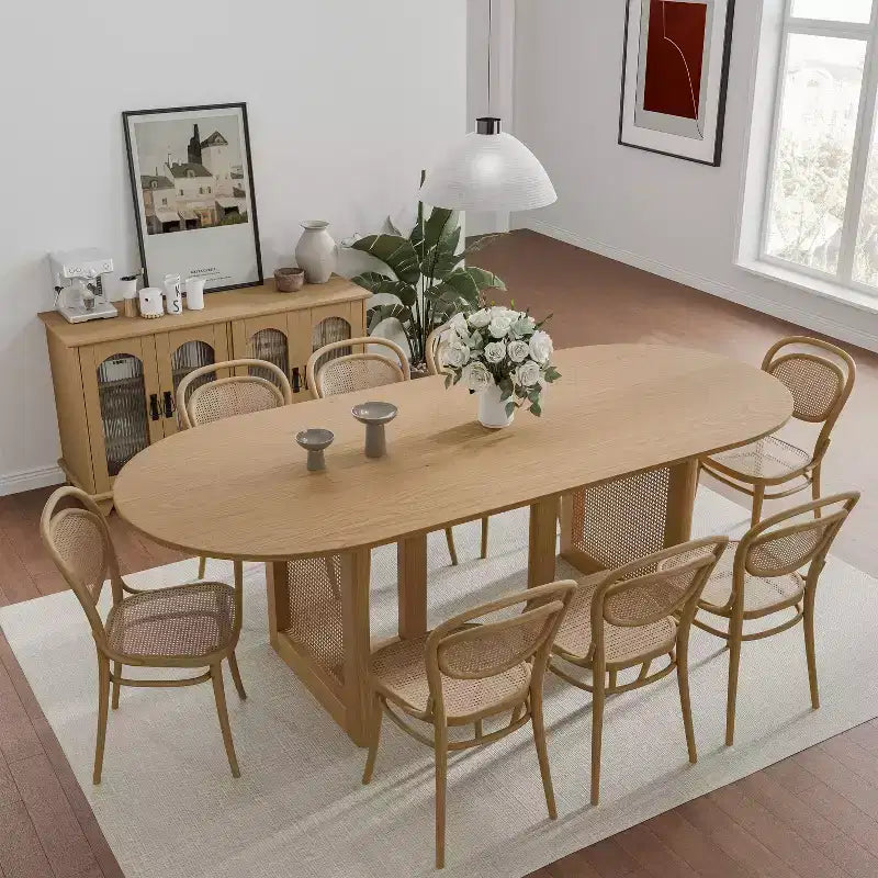 79 x 33.5 Farmhouse Oval Kitchen Dining Table with Rattan Woven Legs for Kitchen Bar Living Room