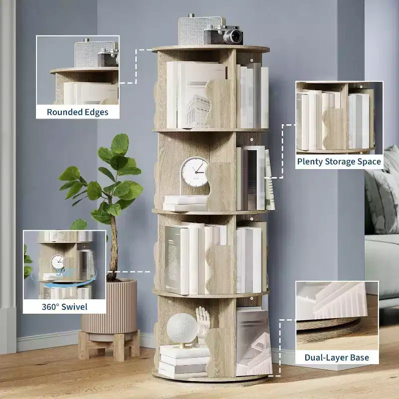 4 Tier 360 Rotating Bookshelf Tower, White Spinning Bookcase Organizer for Kids Bedroom Playroom Study, 18 x 18 x 51 Inch