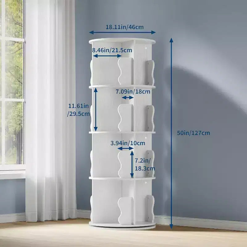 4 Tier 360 Rotating Bookshelf Tower, White Spinning Bookcase Organizer for Kids Bedroom Playroom Study, 18 x 18 x 51 Inch