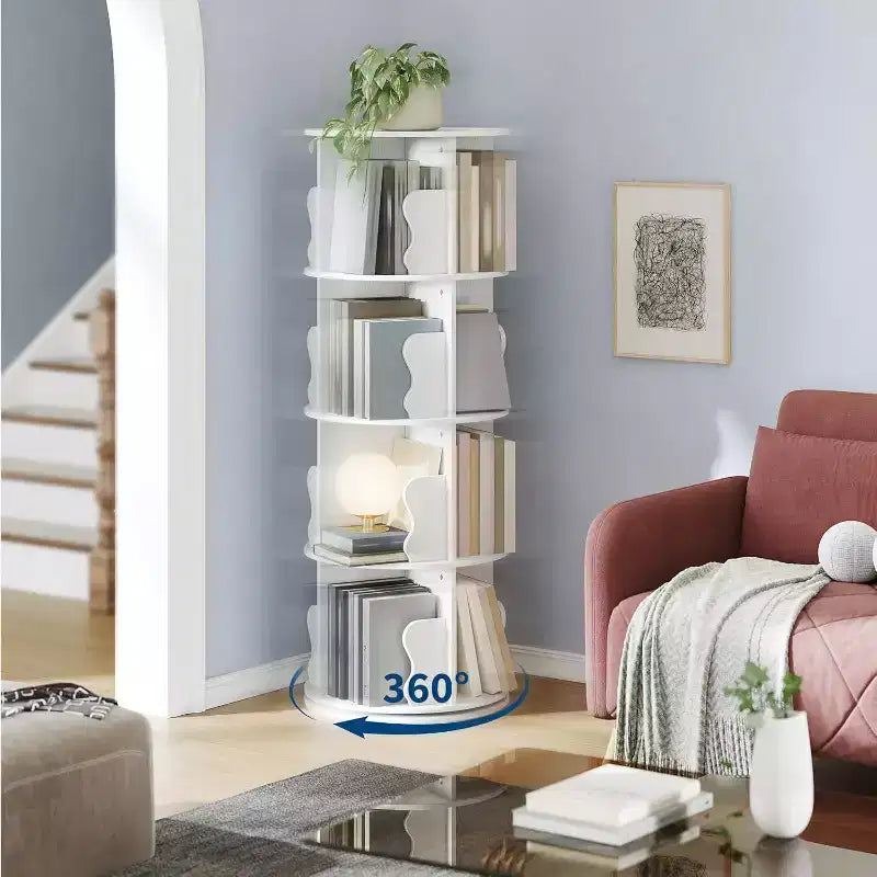 4 Tier 360 Rotating Bookshelf Tower, White Spinning Bookcase Organizer for Kids Bedroom Playroom Study, 18 x 18 x 51 Inch