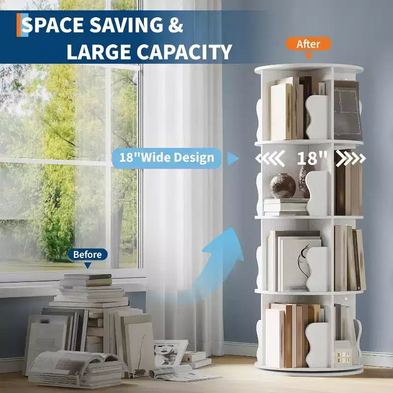 4 Tier 360 Rotating Bookshelf Tower, White Spinning Bookcase Organizer for Kids Bedroom Playroom Study, 18 x 18 x 51 Inch