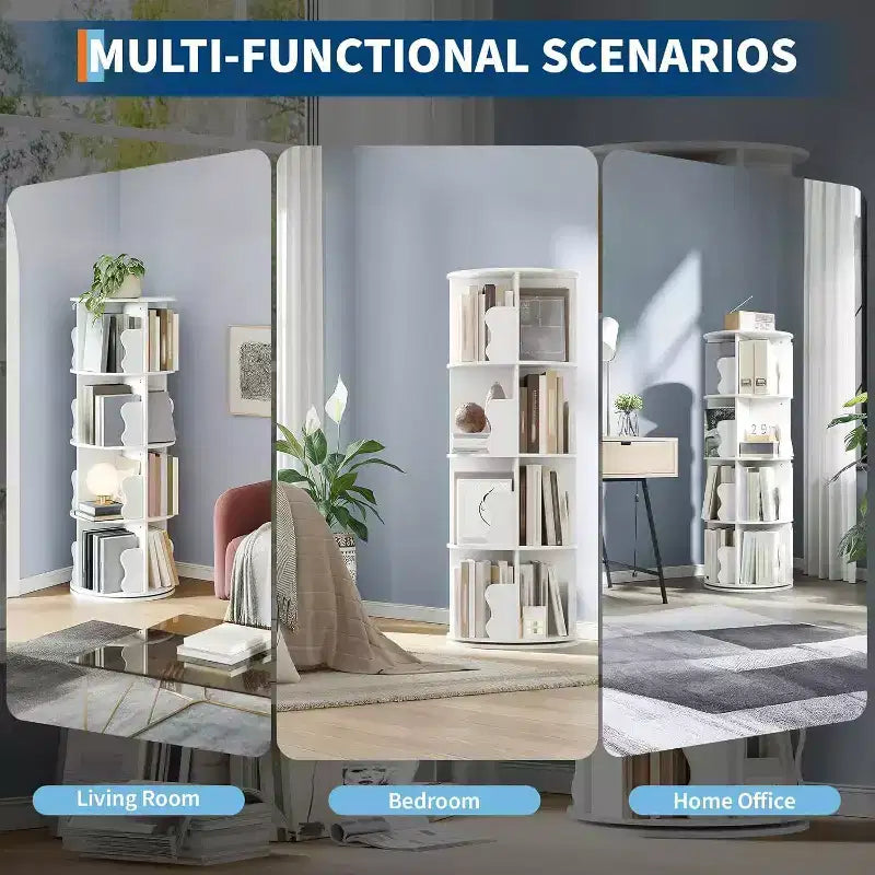 4 Tier 360 Rotating Bookshelf Tower, White Spinning Bookcase Organizer for Kids Bedroom Playroom Study, 18 x 18 x 51 Inch