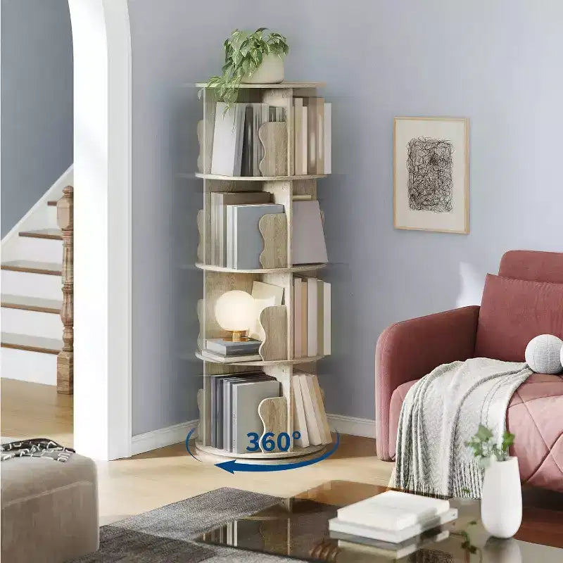 4 Tier 360 Rotating Bookshelf Tower, White Spinning Bookcase Organizer for Kids Bedroom Playroom Study, 18 x 18 x 51 Inch