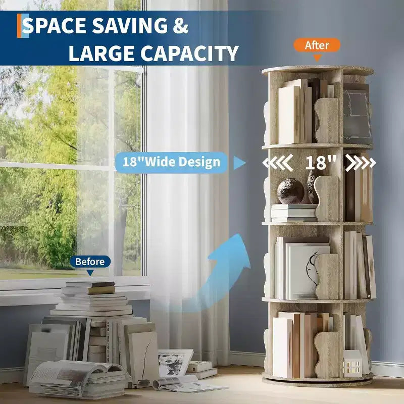 4 Tier 360 Rotating Bookshelf Tower, White Spinning Bookcase Organizer for Kids Bedroom Playroom Study, 18 x 18 x 51 Inch